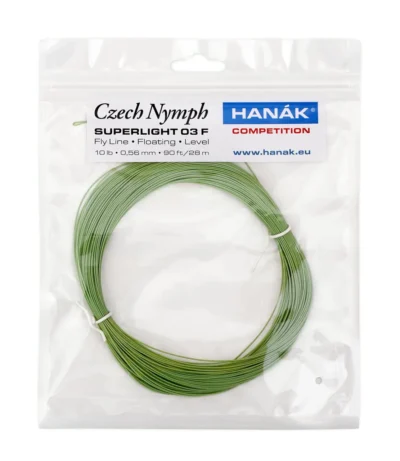 Die HANÁK Czech Nymph Superlight 03 F ist eine Neuheit 2026: eine extra feine, leichte schwimmende, gerade Nymphenschnur (Ø 0,56 mm) für maximale Sensibilität. FIPS Mouche autorisiert, mit Mikro-Ösen beidseitig, 28 m Länge, oliv – ideal für AFTMA 0–3 und leichte Nymphruten.