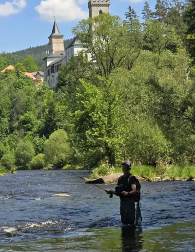Man standing in a shallow river wearing waders, casting a fishing line with a historic castle and green trees on a hill in the background.