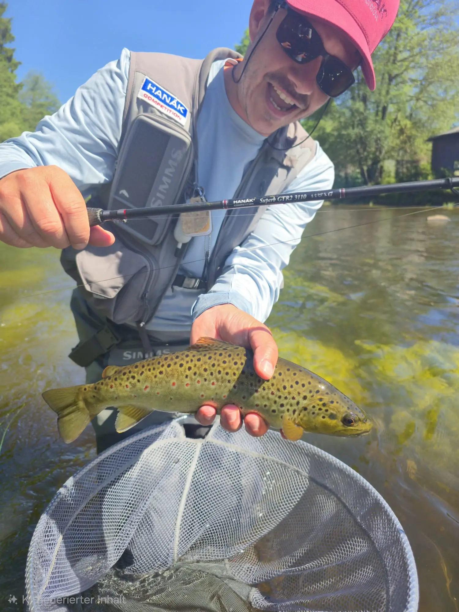 Man wearing a pink hat and sunglasses holds a brown trout over a net in a shallow river, during a sunny day.